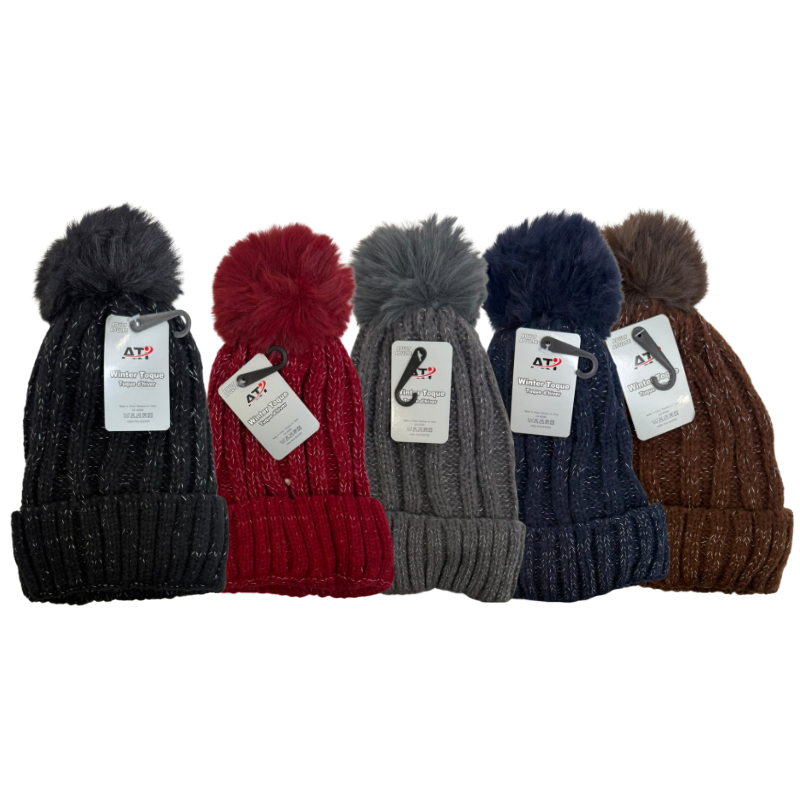 Wholesale Ladies’ Lined Toque with Pom Pom, Assorted Colours