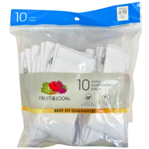 Wholesale Brand Name Fruit of the Loom Ladies' Crew Socks, White (10 Pack, Size 4-10)   ($1.10 each)
