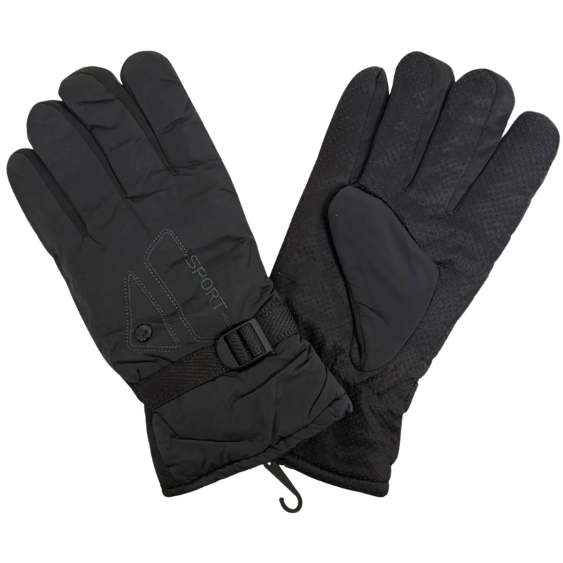 Wholesale Adult Ski Glove with Button and Strap, Black