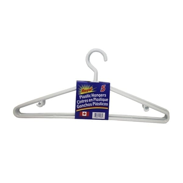 Wholesale White Plastic Hangers, 5-Pack ($0.07 Each)